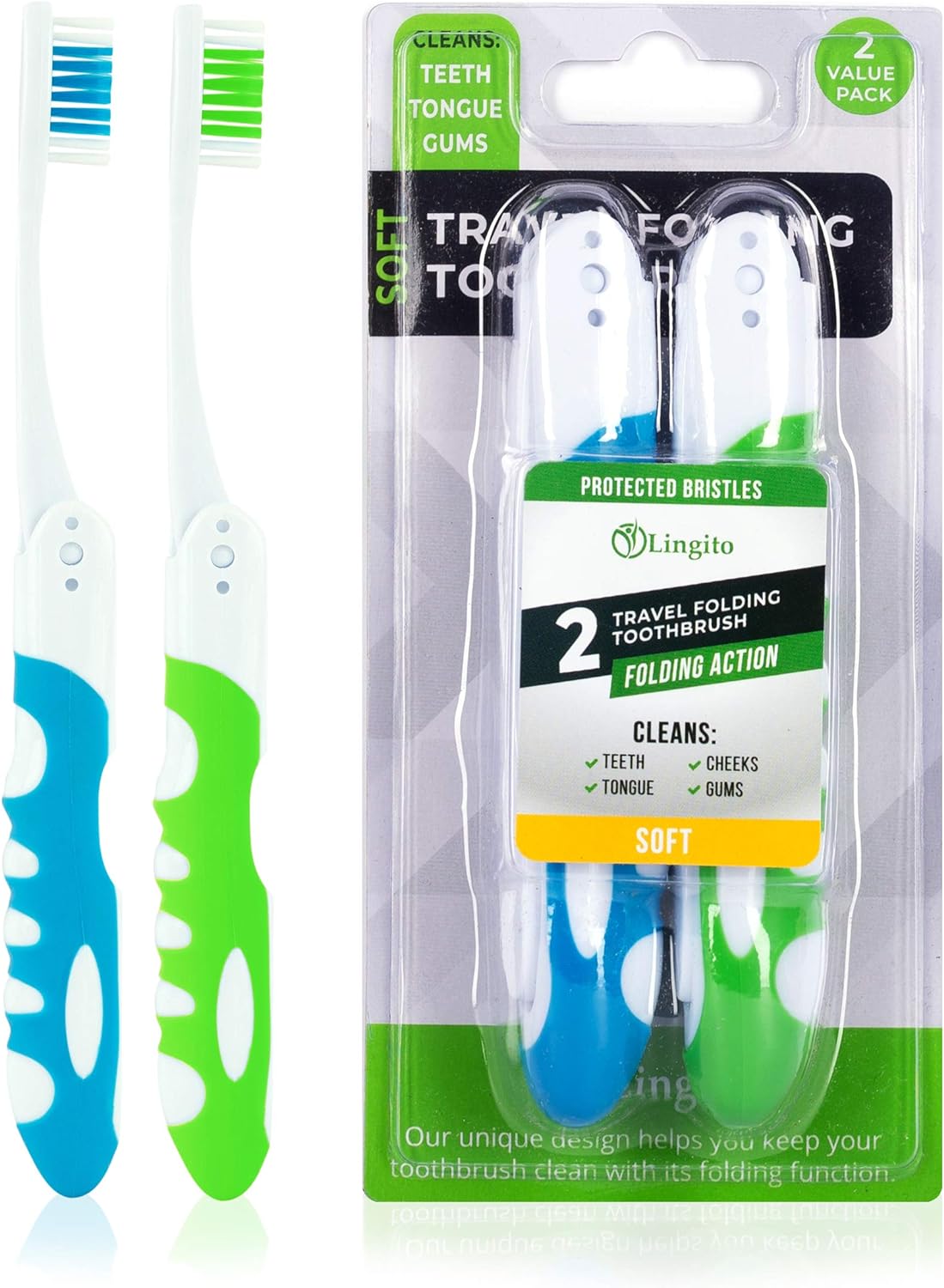 Travel Toothbrush, Portable Toothbrush Built in Cover, Travel Size Toothbrush For Hiking, Camping, and Traveling, Folding Toothbrushes, Collapsible Blue-Green Travel Toothbrush Kit (2 Pack-Soft)