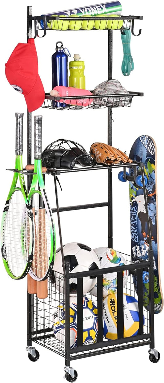 PLKOW Sports Equipment Storage for Garage, Indoor/Outdoor Sports Rack for Garage, Ball Storage Garage Organizer with Basket and Hooks,Toy/Sports Gear Storage