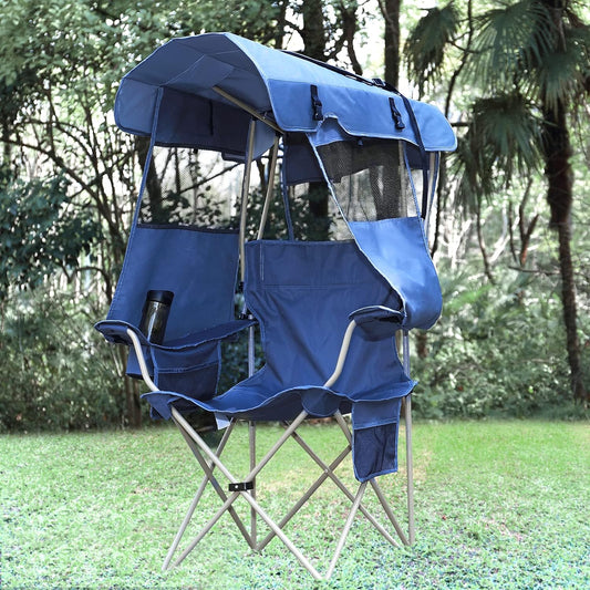 Camping Chair with Canopy Shade,Portable Folding Chair with UPF 50+ Sun Shade,Cup Holder,Side Pocket,Soccer Chair Adults for Camp,Beach,Outdoor Sports-Support 330 LBS Blue