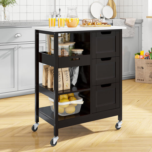 Small Solid Wood Top Kitchen Island Cart on Wheels with Storage, Rolling Portable Dining
