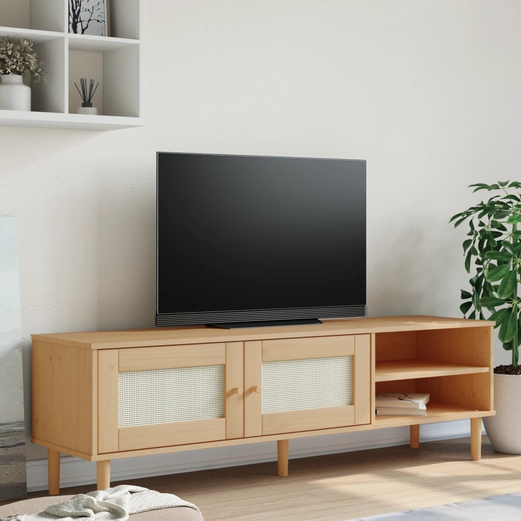 Tv Stand Senja Rattan Look 62.2&quot;X5.7&quot;X9.3&quot; Solid Wood Pine