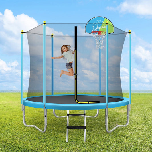 8FT Trampoline for Kids with Safety Enclosure Net, Basketball Hoop and Ladder, Easy Assembly Round Outdoor Recreational Trampoline, Blue