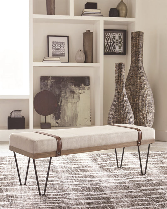 Beige Linen & Natural Wood Finish Accent Bench