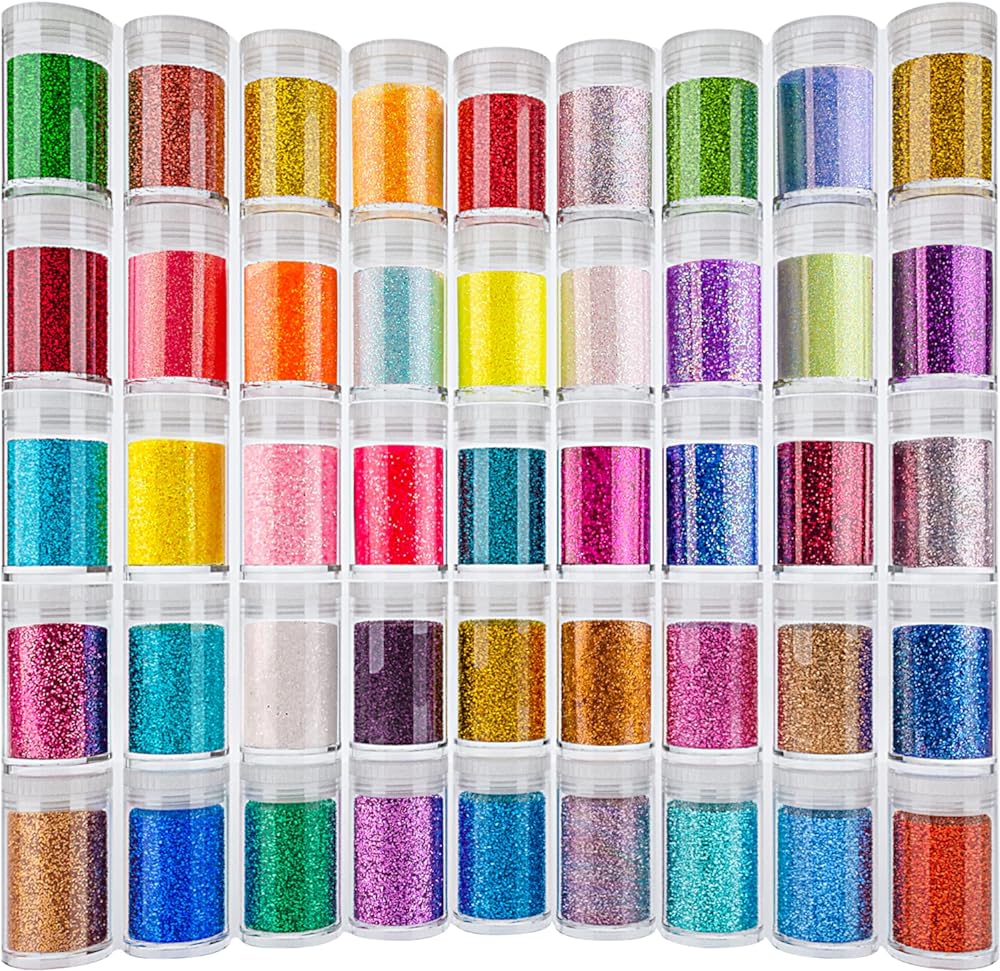 Ultra Fine Glitter 45 Colors Set, Holographic Glitter Powder for Tumblers, Arts and Craft Glitter, Iridescent Glitter for Epoxy Resin, Cosmetic Glitter for Body Nail Face Hair Eyeshadow Makeup