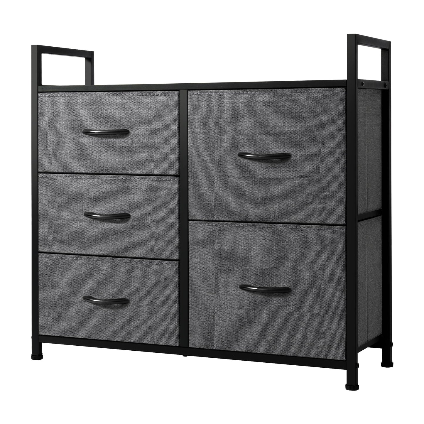 Wide Dresser Storage Tower with Sturdy Steel Frame, Wood Top, 5 Drawers of Easy-Pull