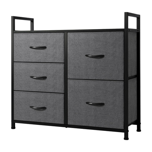 Wide Dresser Storage Tower with Sturdy Steel Frame, Wood Top, 5 Drawers of Easy-Pull