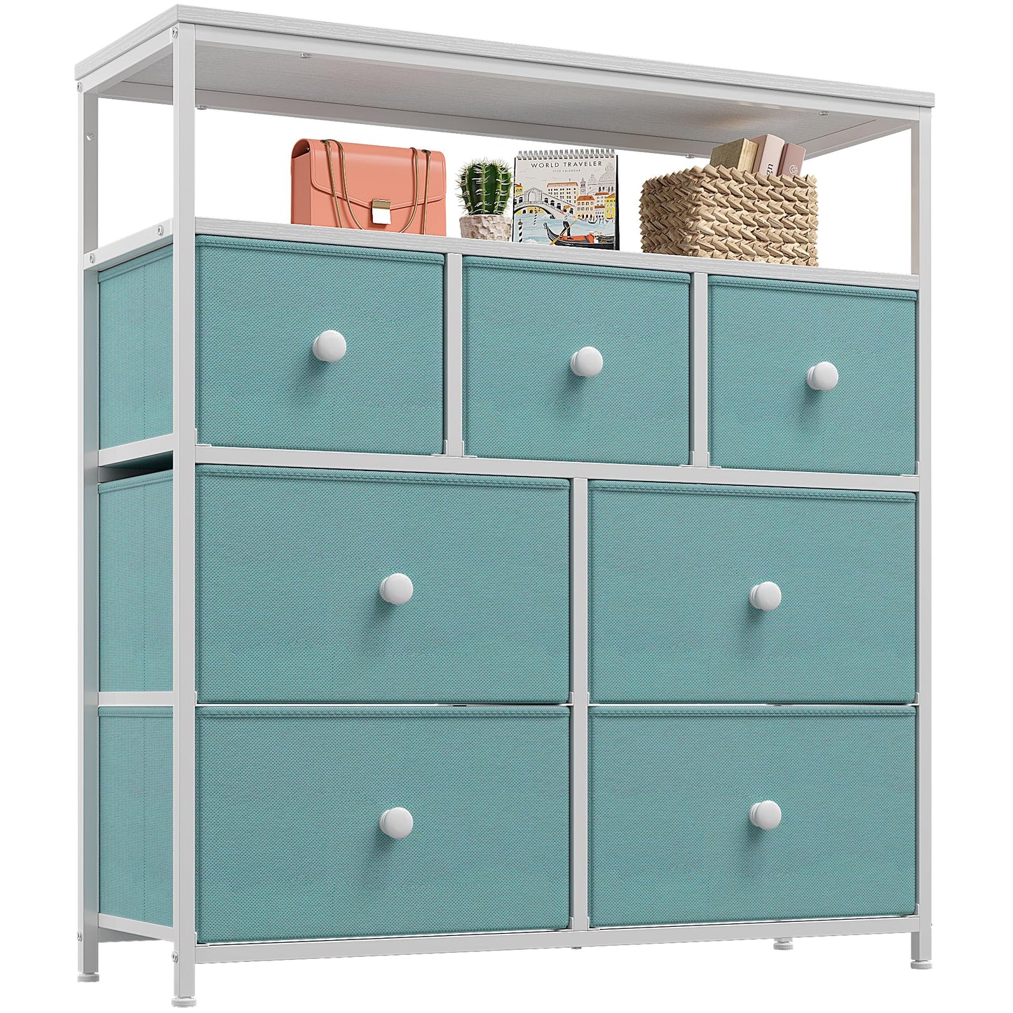 Dresser for Bedroom with 7 Drawers and 2 Shelves, TV Stand Dresser with Wooden