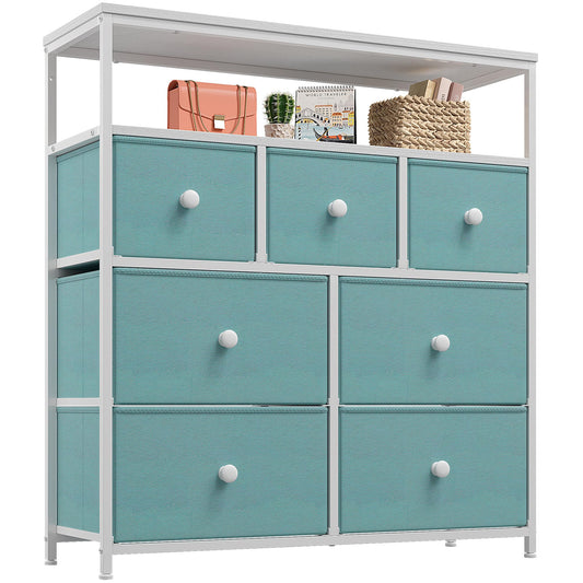 Dresser for Bedroom with 7 Drawers and 2 Shelves, TV Stand Dresser with Wooden