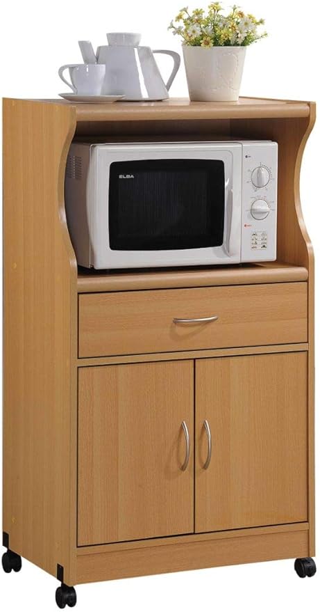 IMPORT Microwave Cart with One Drawer, Two Doors, and Shelf for Storage, Cherry