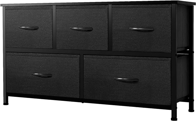 Wide Dresser Storage Tower with Sturdy Steel Frame, Wood Top, 5 Drawers of Easy-Pull