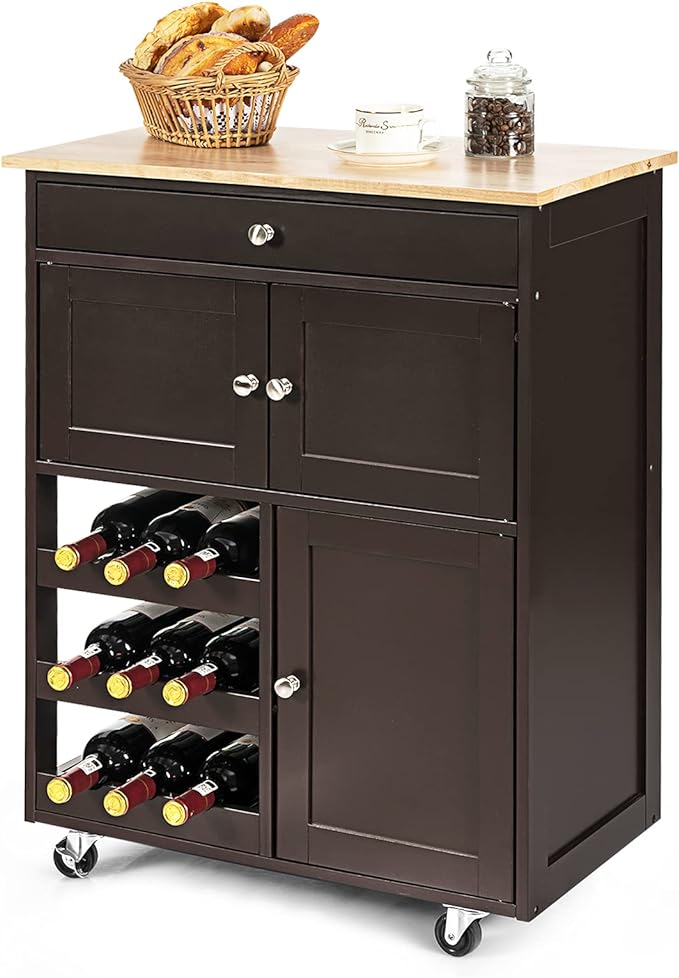 Kitchen Island Cart, Rolling Kitchen Trolley Cart, Wood Storage Cabinet with Large Drawer