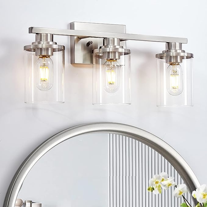 3 Light Black Bathroom Vanity Light, Modern Bathroom Light Fixtures with Clear Glass Shade
