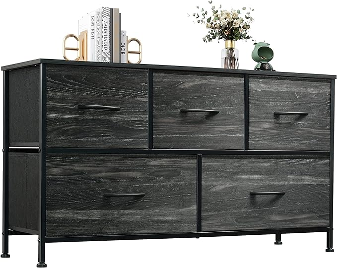 Dresser for Bedroom with 5 Drawers, Wide Chest of Drawers, Fabric Dresser, Storage Organizer Unit with Fabric Bins for Closet, Living Room, Hallway, Rustic Brown Wood Grain Print