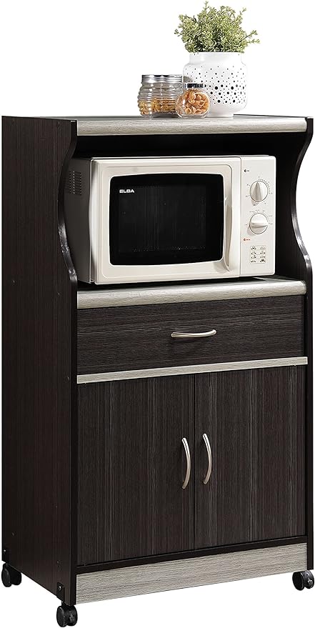 IMPORT Microwave Cart with One Drawer, Two Doors, and Shelf for Storage, Cherry