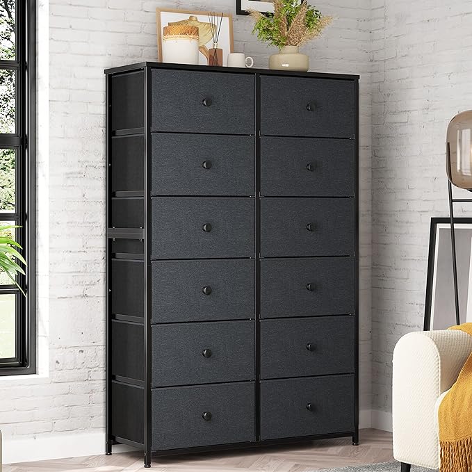 Tall Dressers for Bedroom, 12 Drawer with Wooden Top and Metal Frame, Fabric Dresser