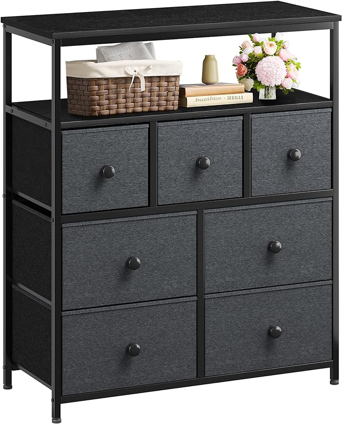 Dresser for Bedroom with 7 Drawers and 2 Shelves, TV Stand Dresser with Wooden