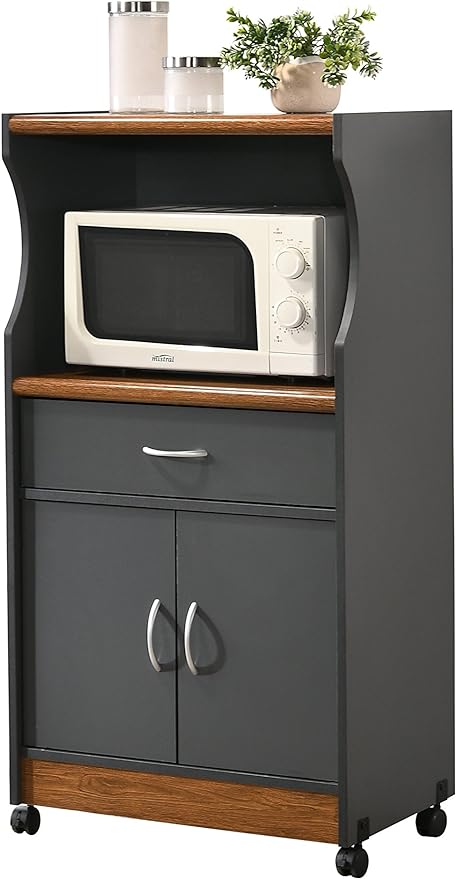IMPORT Microwave Cart with One Drawer, Two Doors, and Shelf for Storage, Cherry