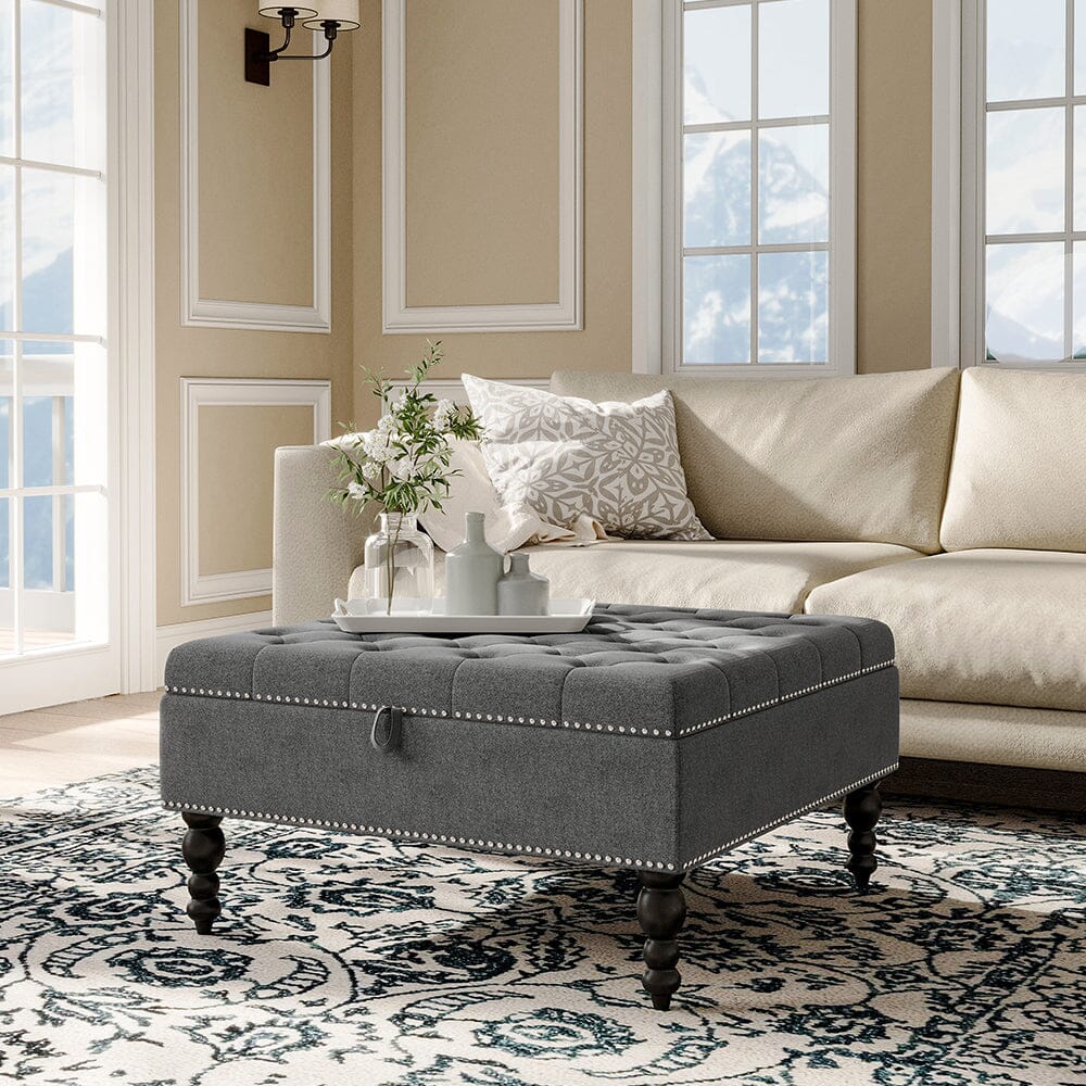 Square Linen Tufted Upholstered Ottoman with Storage Storage Footstools & Benches Living and Home