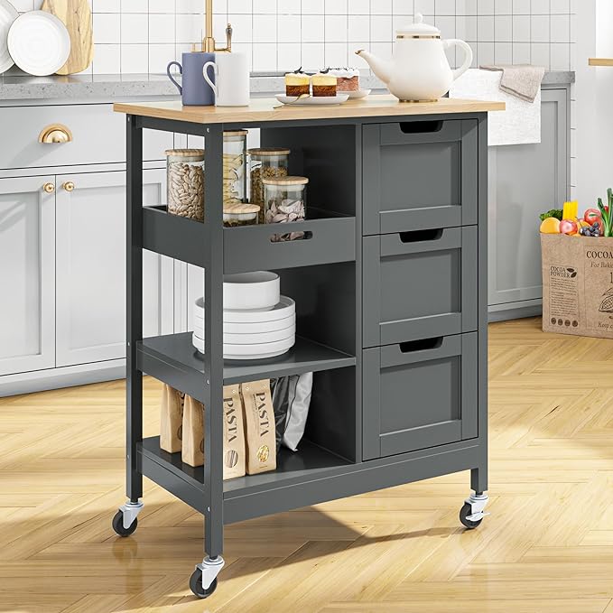 Small Solid Wood Top Kitchen Island Cart on Wheels with Storage, Rolling Portable Dining