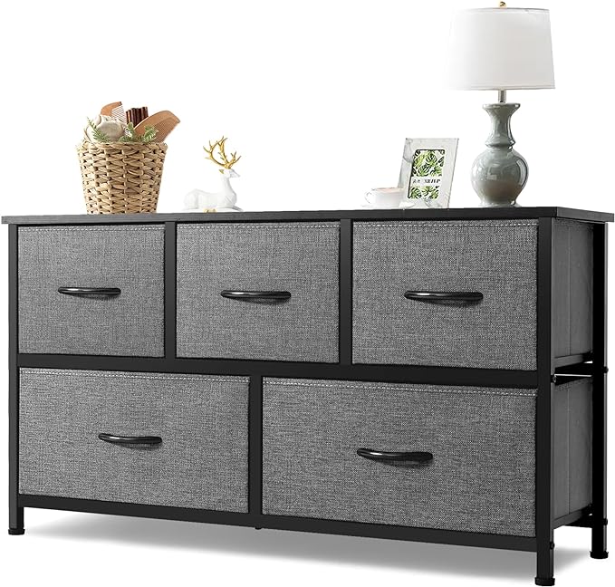 Wide Dresser Storage Tower with Sturdy Steel Frame, Wood Top, 5 Drawers of Easy-Pull