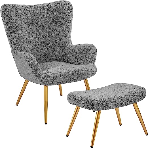 Accent Chair and Ottoman Set, Sherpa Armchair with Golden Metal Legs and High Back, Footstool