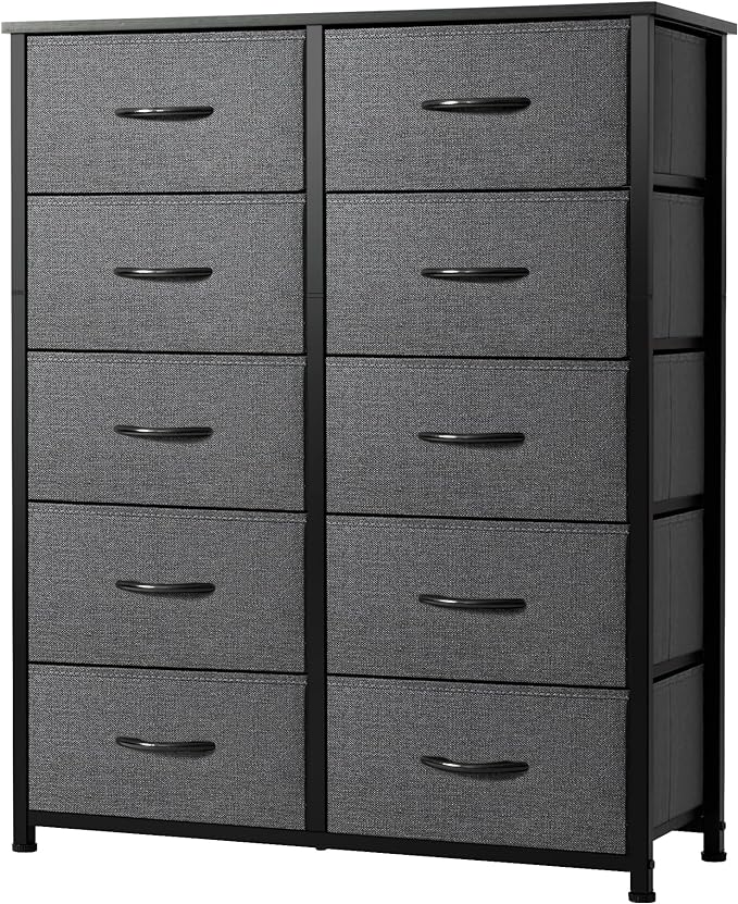 Wide Dresser Storage Tower with Sturdy Steel Frame, Wood Top, 5 Drawers of Easy-Pull