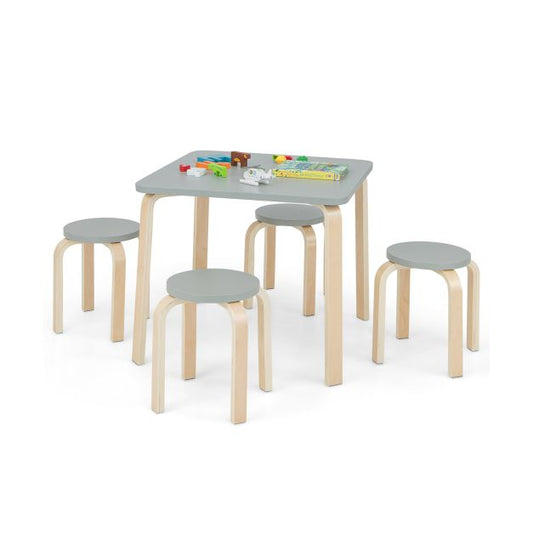 Children's Eco Birch and Poplar Wooden Table & 4 Stackable Stools Set | Space Saving | Grey | 36m+