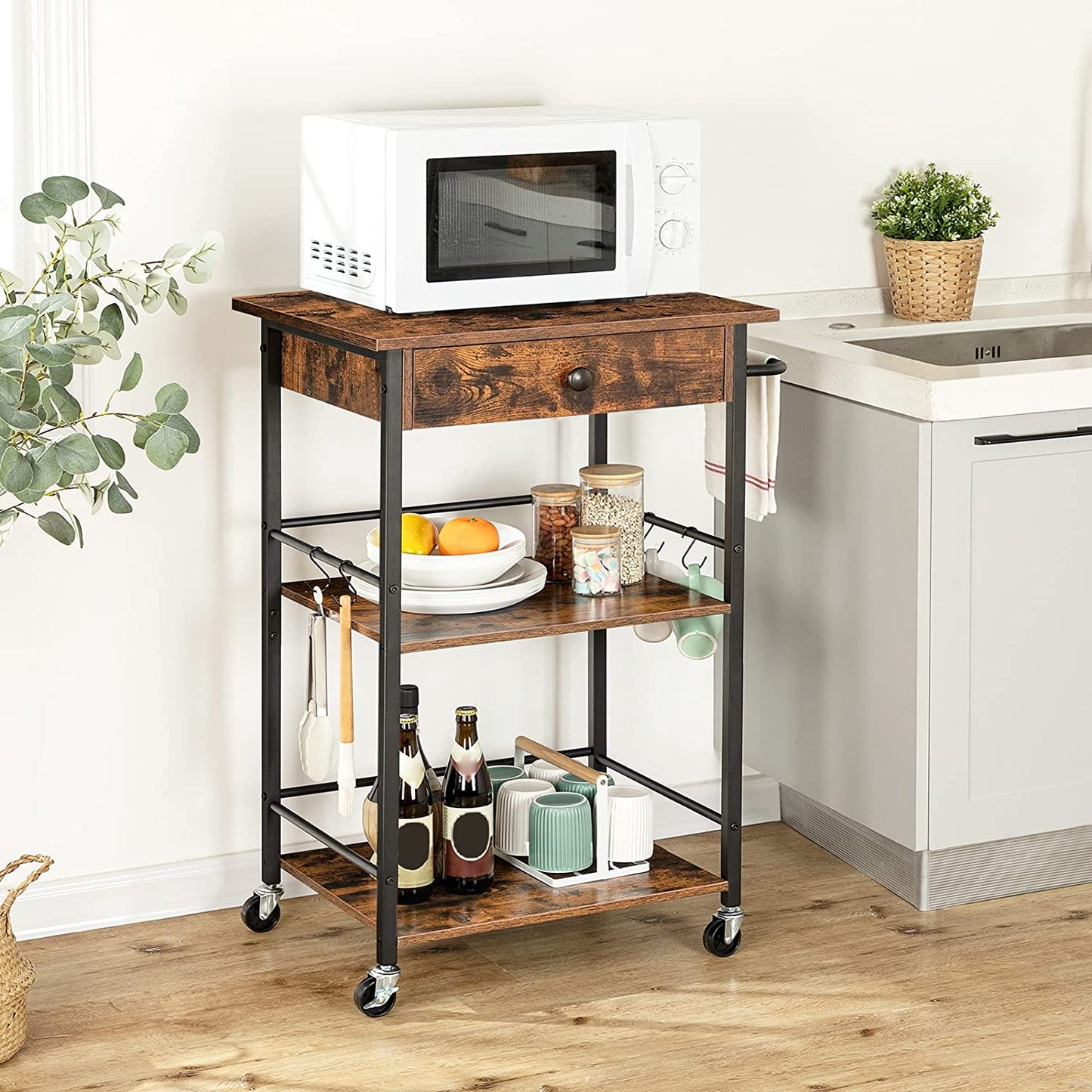 Kitchen Island Cart with Drawer, 3-Tier Storage Cart on Wheels, Kitchen Rolling Cart