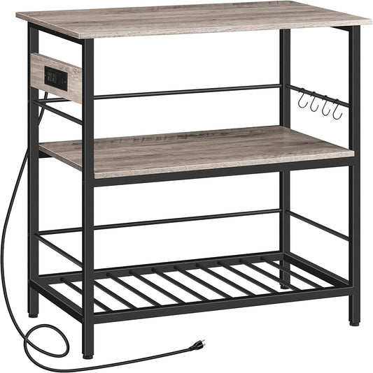 Kitchen Island with Power Outlet, Kitchen Storage Island with Wine Rack and Hooks, 3 Tier Coffee Station and Microwave Stand