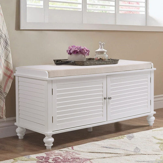 Wooden Shutter Door Shoe Cabinet Storage Bench with Linen Cushion Storage Footstools & Benches Living and Home White
