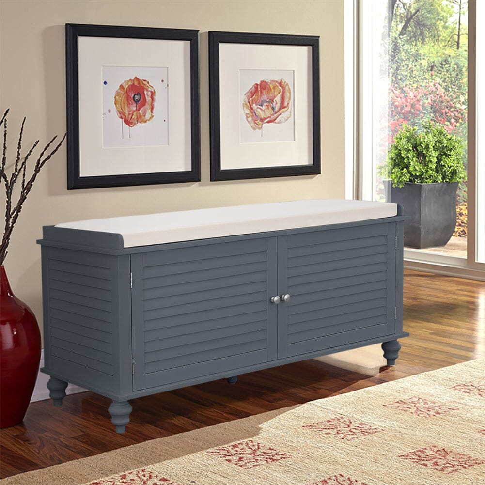 120cm Wide Wooden Shutter Door Shoe Cabinet Storage Bench Storage Footstools & Benches Living and Home Grey
