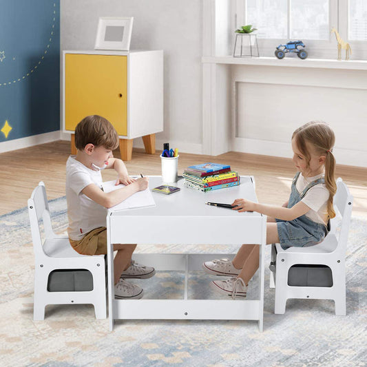 Montessori 3-in-1 Table & Chairs | Reversible Top | Blackboard | Whiteboard Grey Storage Drawers