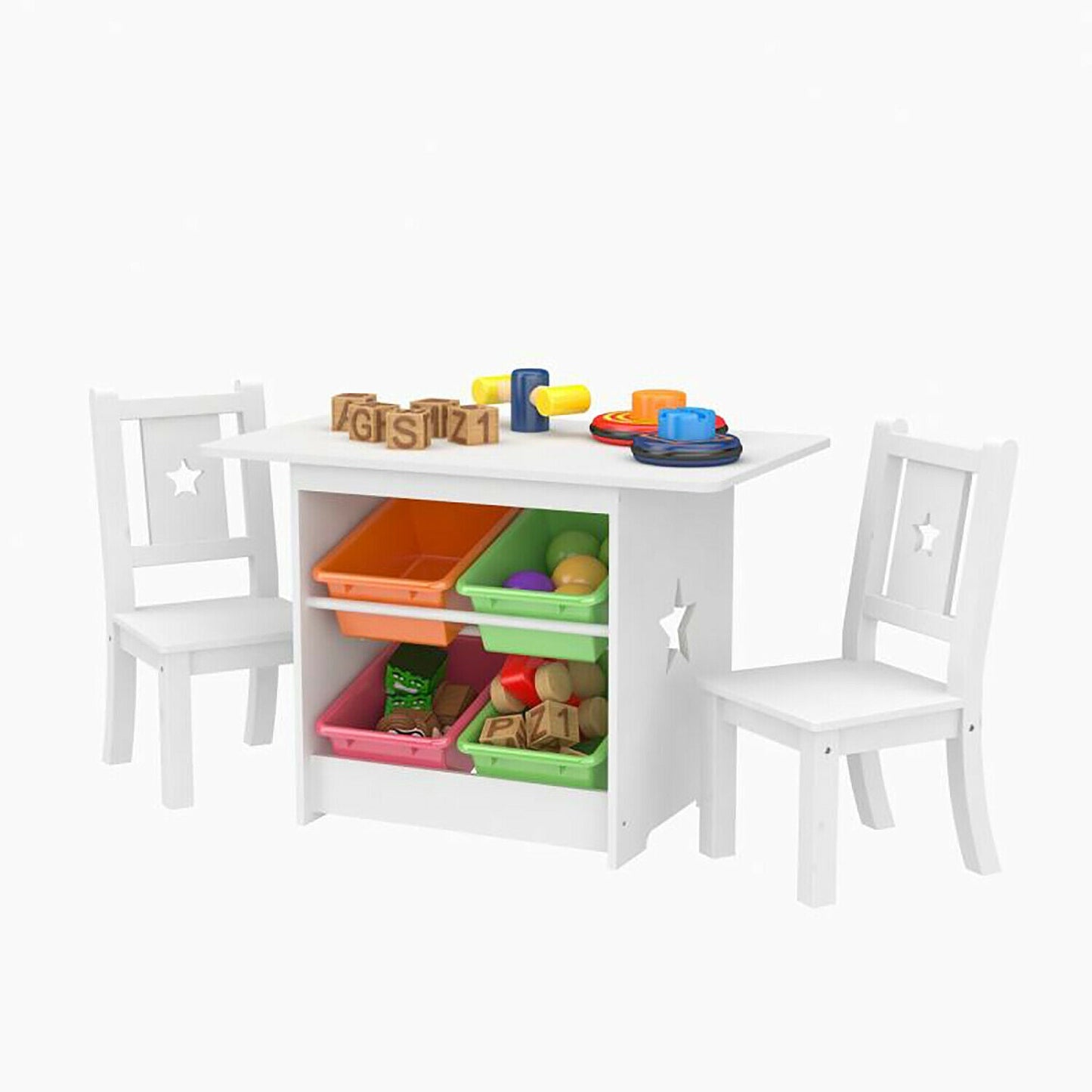 Kids Montessori Table & 2 Chairs Set | 4 Vibrant Storage Bins | White | 3 years+