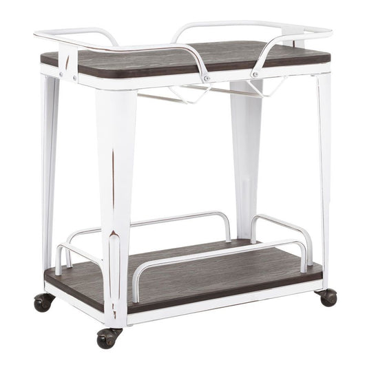 Lumisource Oregon Industrial Bar Cart in Vintage White Metal & Espresso Wood-Pressed Grain Bamboo
