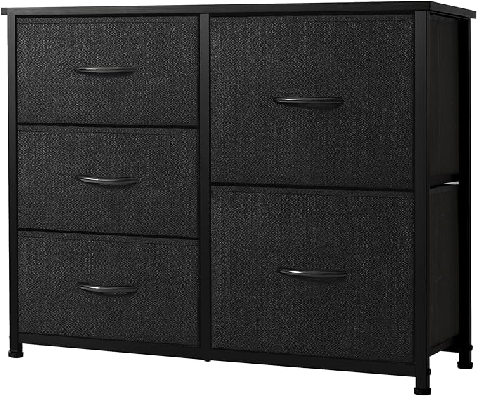 Wide Dresser Storage Tower with Sturdy Steel Frame, Wood Top, 5 Drawers of Easy-Pull