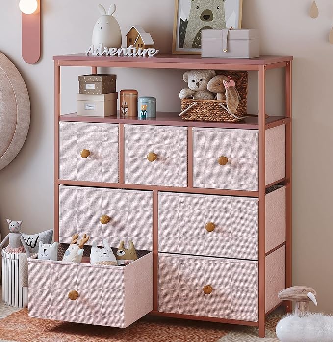 Dresser for Bedroom with 7 Drawers and 2 Shelves, TV Stand Dresser with Wooden