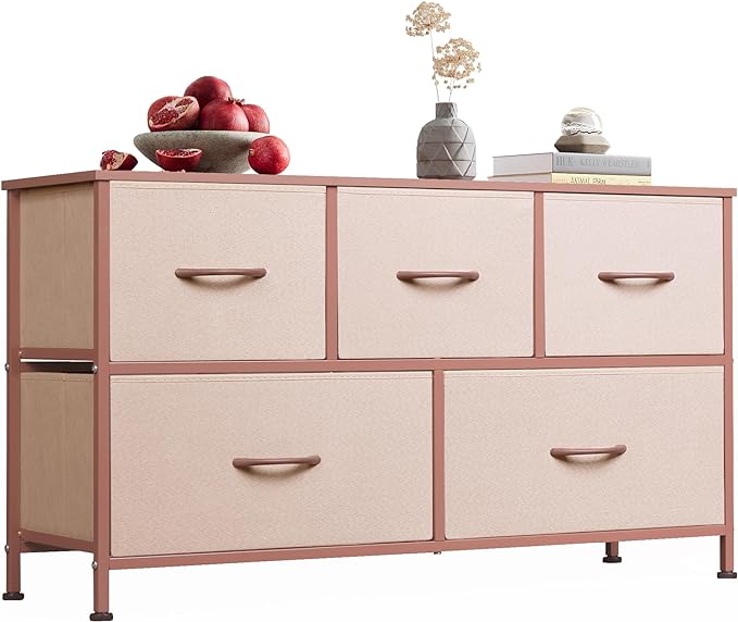 Dresser for Bedroom with 5 Drawers, Wide Chest of Drawers, Fabric Dresser, Storage Organizer Unit with Fabric Bins for Closet, Living Room, Hallway, Rustic Brown Wood Grain Print