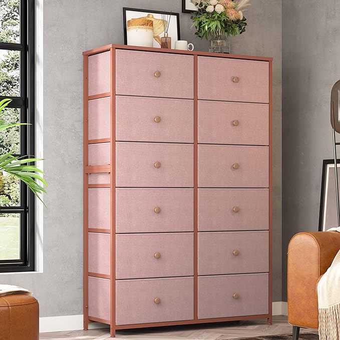 Tall Dressers for Bedroom, 12 Drawer with Wooden Top and Metal Frame, Fabric Dresser