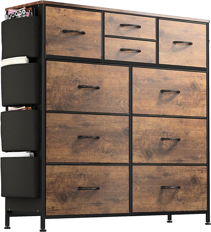 White Dresser for Bedroom with 10 Drawers, Chest of Drawers with Side Pockets and Hooks