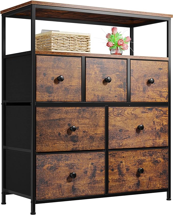 Dresser for Bedroom with 7 Drawers and 2 Shelves, TV Stand Dresser with Wooden
