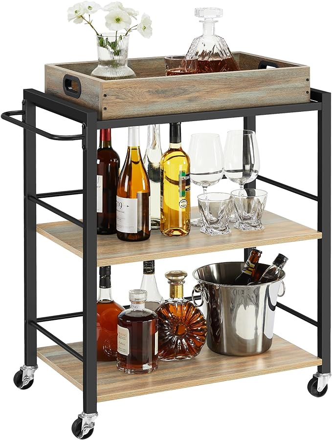 Industrial Bar Cart for The Home, Serving Cart with Wheels and Handle, 3-Tier Beverage