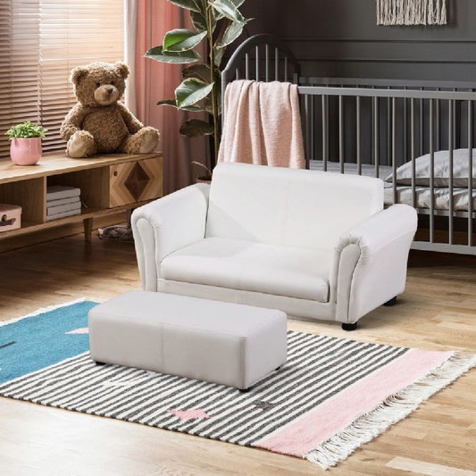 Childrens 2-Seater Mini Sofa Set with Large Footstool | White | 3-6 Years