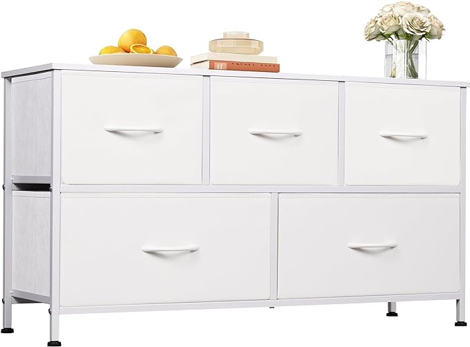 Dresser for Bedroom with 5 Drawers, Wide Chest of Drawers, Fabric Dresser, Storage Organizer Unit with Fabric Bins for Closet, Living Room, Hallway, Rustic Brown Wood Grain Print
