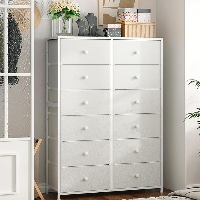 Tall Dressers for Bedroom, 12 Drawer with Wooden Top and Metal Frame, Fabric Dresser