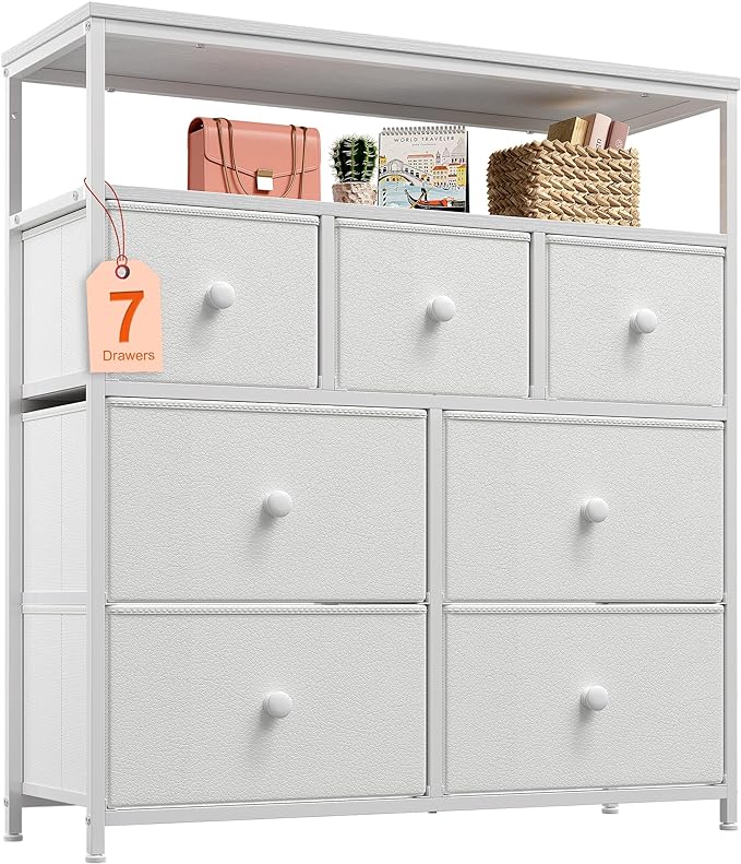 Dresser for Bedroom with 7 Drawers and 2 Shelves, TV Stand Dresser with Wooden