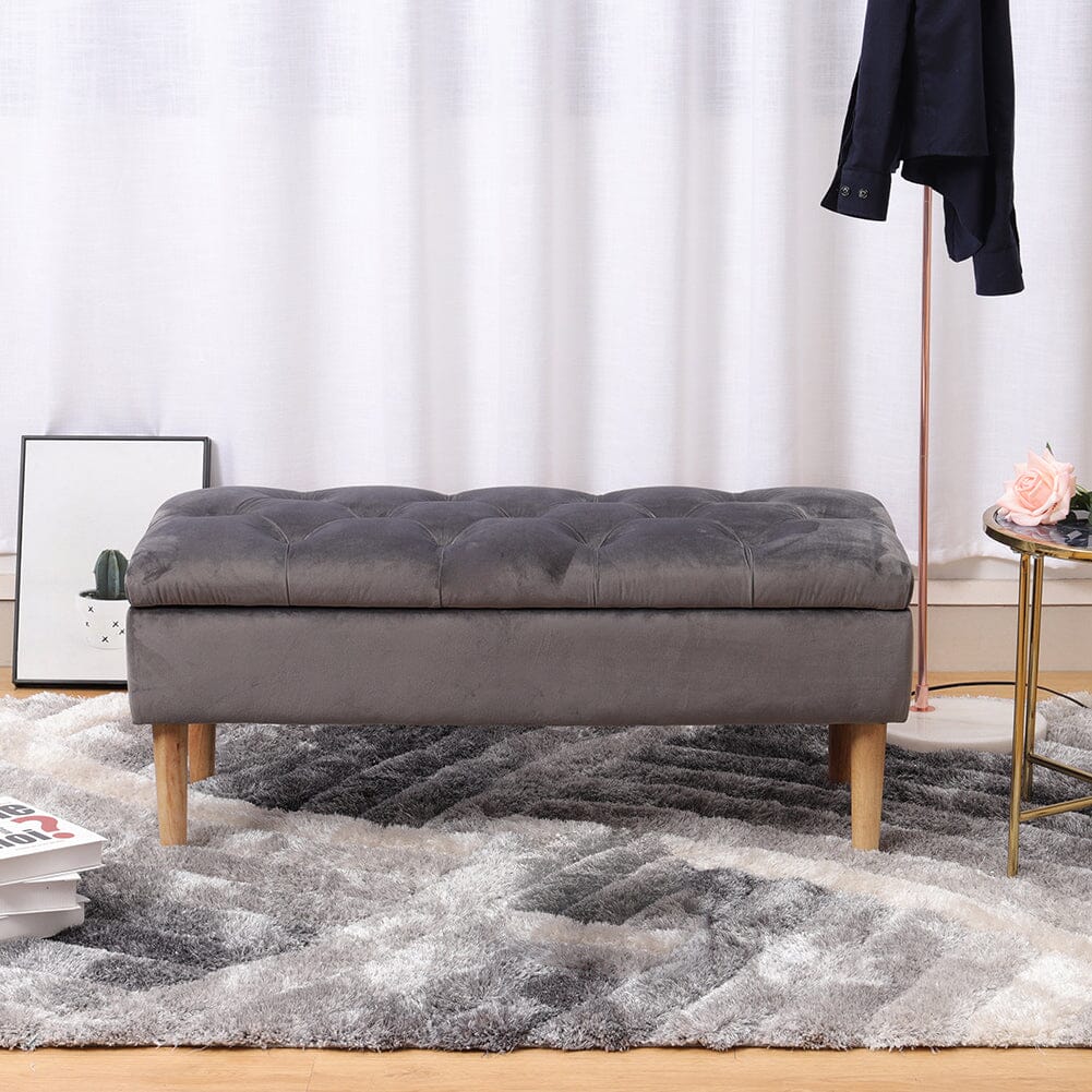 100cm Grey Velvet Upholstered Storage Bench Storage Footstools & Benches Living and Home Grey