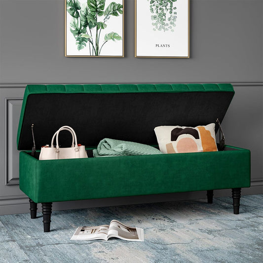 50 Inch Storage Bench Velvet Entryway Bench with Lid Storage Footstools & Benches Living and Home