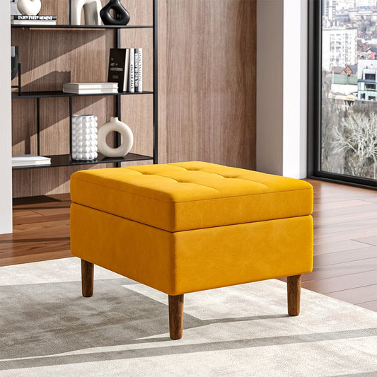 Rectangular Tufted Velvet Storage Ottoman Living Room Storage Bench Storage Footstools & Benches Living and Home Yellow
