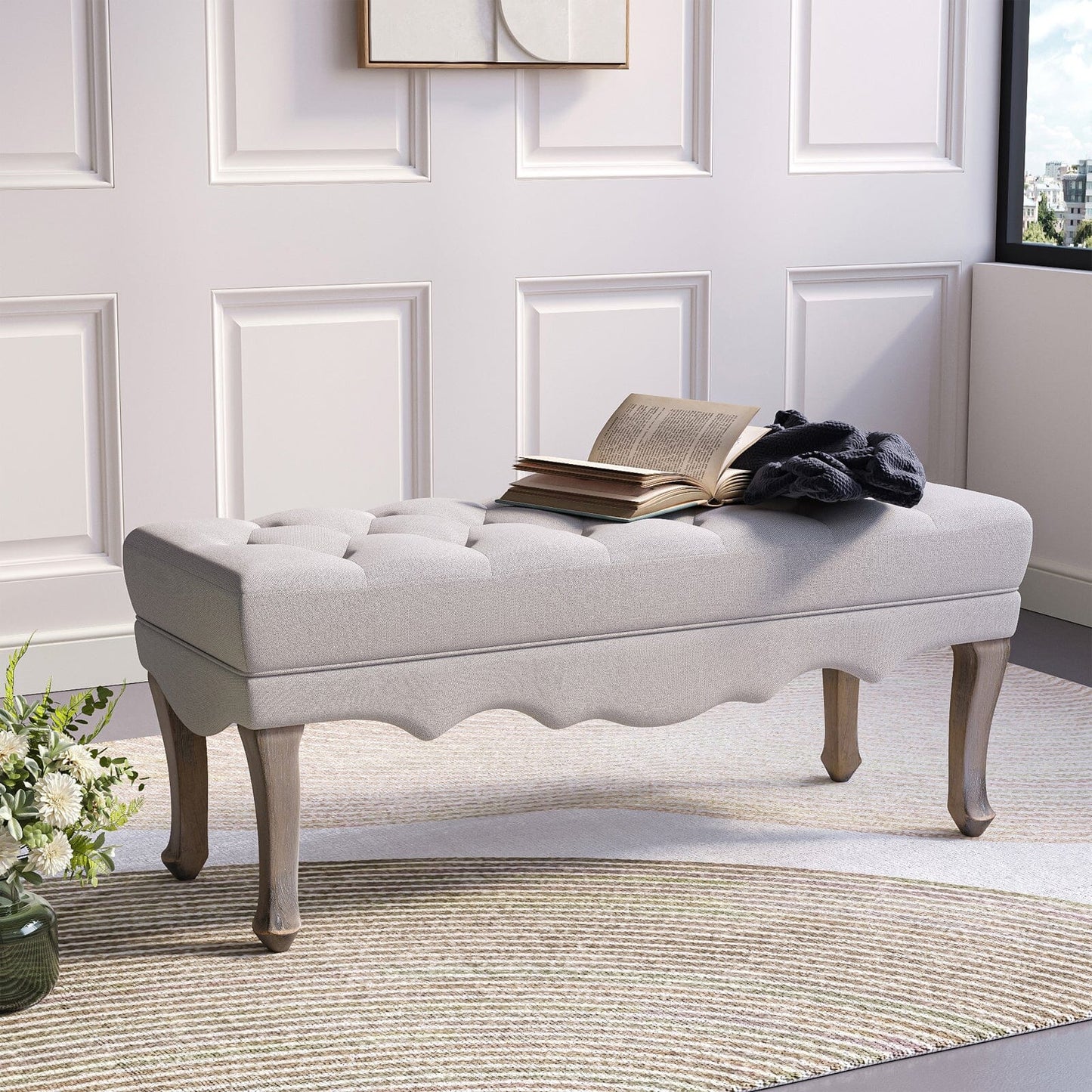 Vintage Linen Bench with Cabriole Legs Benches Living and Home Beige