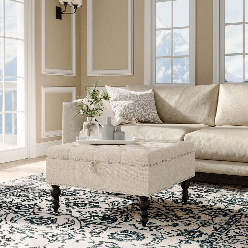 Square Linen Tufted Upholstered Ottoman with Storage Storage Footstools & Benches Living and Home